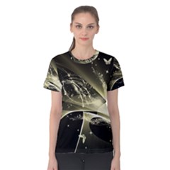 Awesome Glowing Lines With Beautiful Butterflies On Black Background Women s Cotton Tees