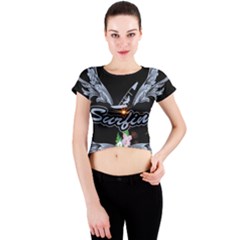 Surfboarder With Damask In Blue On Black Bakcground Crew Neck Crop Top