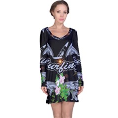 Surfboarder With Damask In Blue On Black Bakcground Long Sleeve Nightdresses