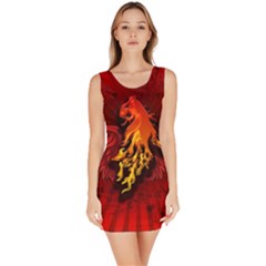 Lion With Flame And Wings In Yellow And Red Bodycon Dresses by FantasyWorld7