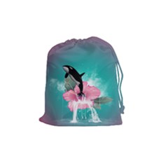 Orca Jumping Out Of A Flower With Waterfalls Drawstring Pouches (medium)  by FantasyWorld7