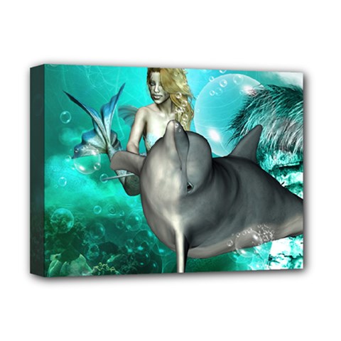 Beautiful Mermaid With  Dolphin With Bubbles And Water Splash Deluxe Canvas 16  X 12   by FantasyWorld7