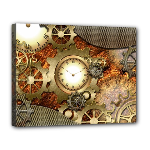 Steampunk, Wonderful Steampunk Design With Clocks And Gears In Golden Desing Canvas 14  X 11 