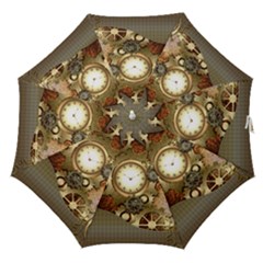 Steampunk, Wonderful Steampunk Design With Clocks And Gears In Golden Desing Straight Umbrellas