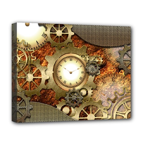 Steampunk, Wonderful Steampunk Design With Clocks And Gears In Golden Desing Deluxe Canvas 20  X 16  