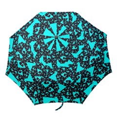 Teal On Black Funky Fractal Folding Umbrellas