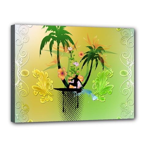 Surfing, Surfboarder With Palm And Flowers And Decorative Floral Elements Canvas 16  X 12 