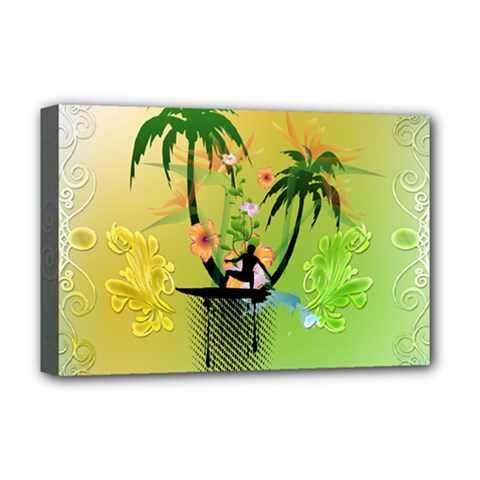 Surfing, Surfboarder With Palm And Flowers And Decorative Floral Elements Deluxe Canvas 18  X 12  