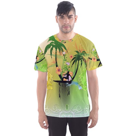 Surfing, Surfboarder With Palm And Flowers And Decorative Floral Elements Men s Sport Mesh Tees by FantasyWorld7