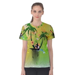 Surfing, Surfboarder With Palm And Flowers And Decorative Floral Elements Women s Cotton Tees