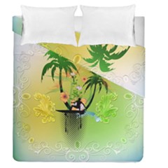 Surfing, Surfboarder With Palm And Flowers And Decorative Floral Elements Duvet Cover (full/queen Size)