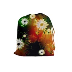 Awesome Flowers In Glowing Lights Drawstring Pouches (large) 