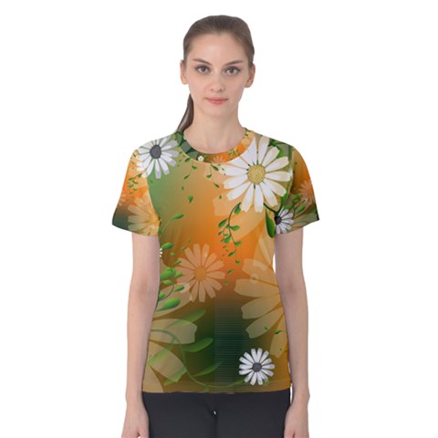 Beautiful Flowers With Leaves On Soft Background Women s Cotton Tees by FantasyWorld7