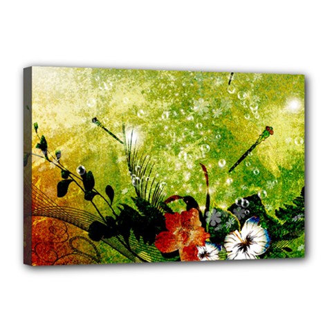 Awesome Flowers And Lleaves With Dragonflies On Red Green Background With Grunge Canvas 18  X 12  by FantasyWorld7