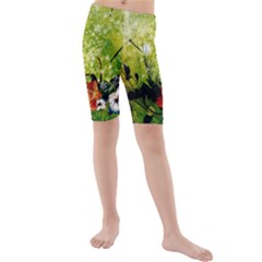 Awesome Flowers And Lleaves With Dragonflies On Red Green Background With Grunge Kid s Swimwear