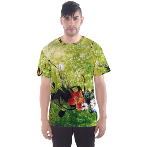 Awesome Flowers And Lleaves With Dragonflies On Red Green Background With Grunge Men s Sport Mesh Tees by FantasyWorld7