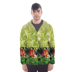 Awesome Flowers And Lleaves With Dragonflies On Red Green Background With Grunge Hooded Wind Breaker (men)