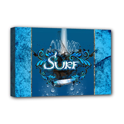 Surf, Surfboard With Water Drops On Blue Background Deluxe Canvas 18  X 12   by FantasyWorld7