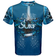 Surf, Surfboard With Water Drops On Blue Background Men s Cotton Tees