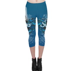 Surf, Surfboard With Water Drops On Blue Background Capri Leggings by FantasyWorld7