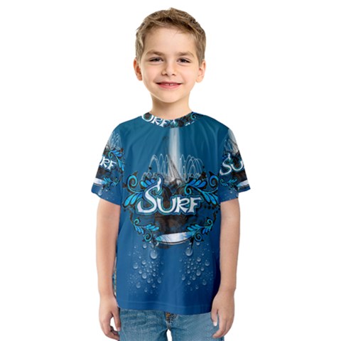 Surf, Surfboard With Water Drops On Blue Background Kid s Sport Mesh Tees by FantasyWorld7