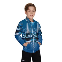 Surf, Surfboard With Water Drops On Blue Background Wind Breaker (kids) by FantasyWorld7