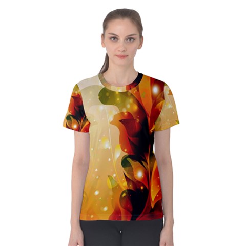 Awesome Colorful, Glowing Leaves  Women s Cotton Tees by FantasyWorld7