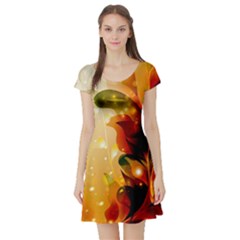 Awesome Colorful, Glowing Leaves  Short Sleeve Skater Dresses by FantasyWorld7