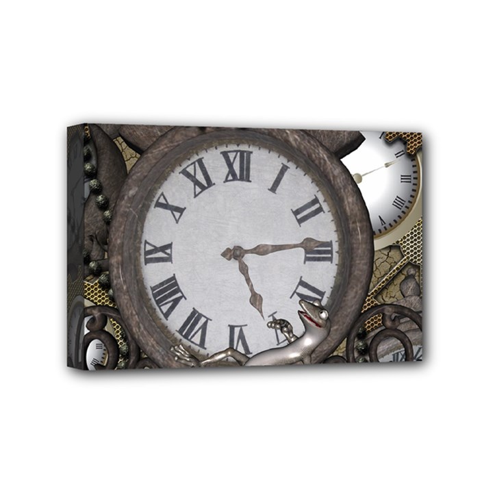 Steampunk, Awesome Clocks With Gears, Can You See The Cute Gescko Mini Canvas 6  x 4 