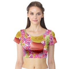 Macaroons And Floral Delights Short Sleeve Crop Top