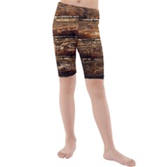 Dark Stained Wood Wall Kid s Mid Length Swim Shorts by trendistuff