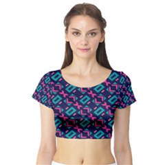 Pink And Blue Shapes Pattern Short Sleeve Crop Top