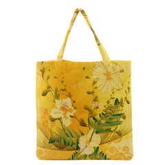 Wonderful Soft Yellow Flowers With Dragonflies Grocery Tote Bags