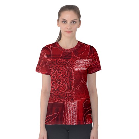 Red Patchwork Women s Cotton Tee by trendistuff