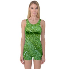 Green Leaf Drops One Piece Boyleg Swimsuit