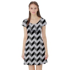 Modern Retro Chevron Patchwork Pattern  Short Sleeve Skater Dresses by GardenOfOphir