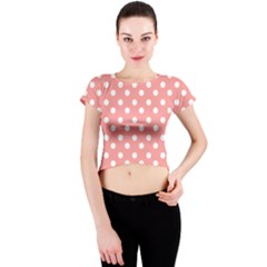 Coral And White Polka Dots Crew Neck Crop Top by GardenOfOphir