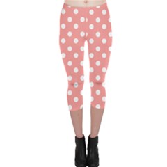 Coral And White Polka Dots Capri Leggings by GardenOfOphir