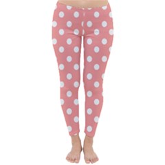 Coral And White Polka Dots Winter Leggings  by GardenOfOphir