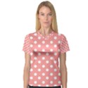 Coral And White Polka Dots Women s V-Neck Sport Mesh Tee View1