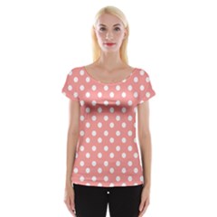 Coral And White Polka Dots Women s Cap Sleeve Top by GardenOfOphir