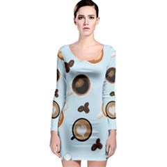 Cute Coffee Pattern On Light Blue Background Long Sleeve Bodycon Dresses by LovelyDesigns4U