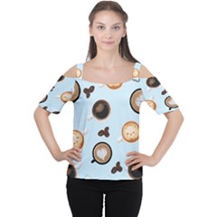 Cute Coffee Pattern On Light Blue Background Women s Cutout Shoulder Tee