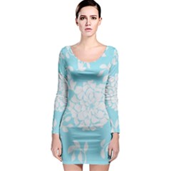 Aqua Blue Floral Pattern Long Sleeve Bodycon Dresses by LovelyDesigns4U