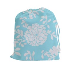 Aqua Blue Floral Pattern Drawstring Pouches (xxl) by LovelyDesigns4U