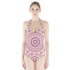 Pink And Purple Roses Mandala Women s Halter One Piece Swimsuit