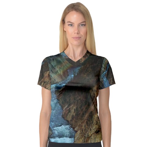 Yellowstone Lower Falls Women s V-neck Sport Mesh Tee by trendistuff