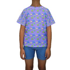 Blue And Green Birds Pattern Kid s Short Sleeve Swimwear by LovelyDesigns4U