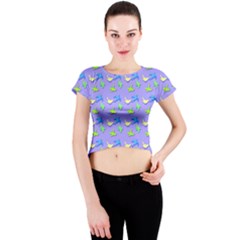 Blue And Green Birds Pattern Crew Neck Crop Top by LovelyDesigns4U