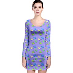 Blue And Green Birds Pattern Long Sleeve Bodycon Dresses by LovelyDesigns4U